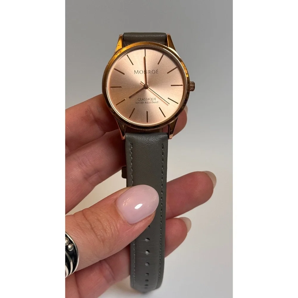 Monroe‎ By Maestro Classique Rose Gold Tone Round Case Gray Leather Band Watch